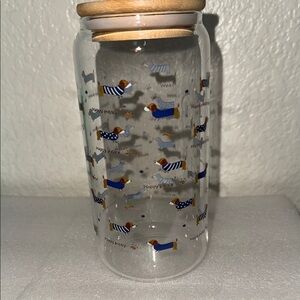 Dachshund, or "wiener dog
 Patterned Glass tumbler  with Wooden Lid